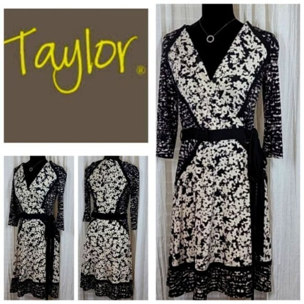 Taylor Black & Cream Floral Printed  3.4" Sleeve Dress